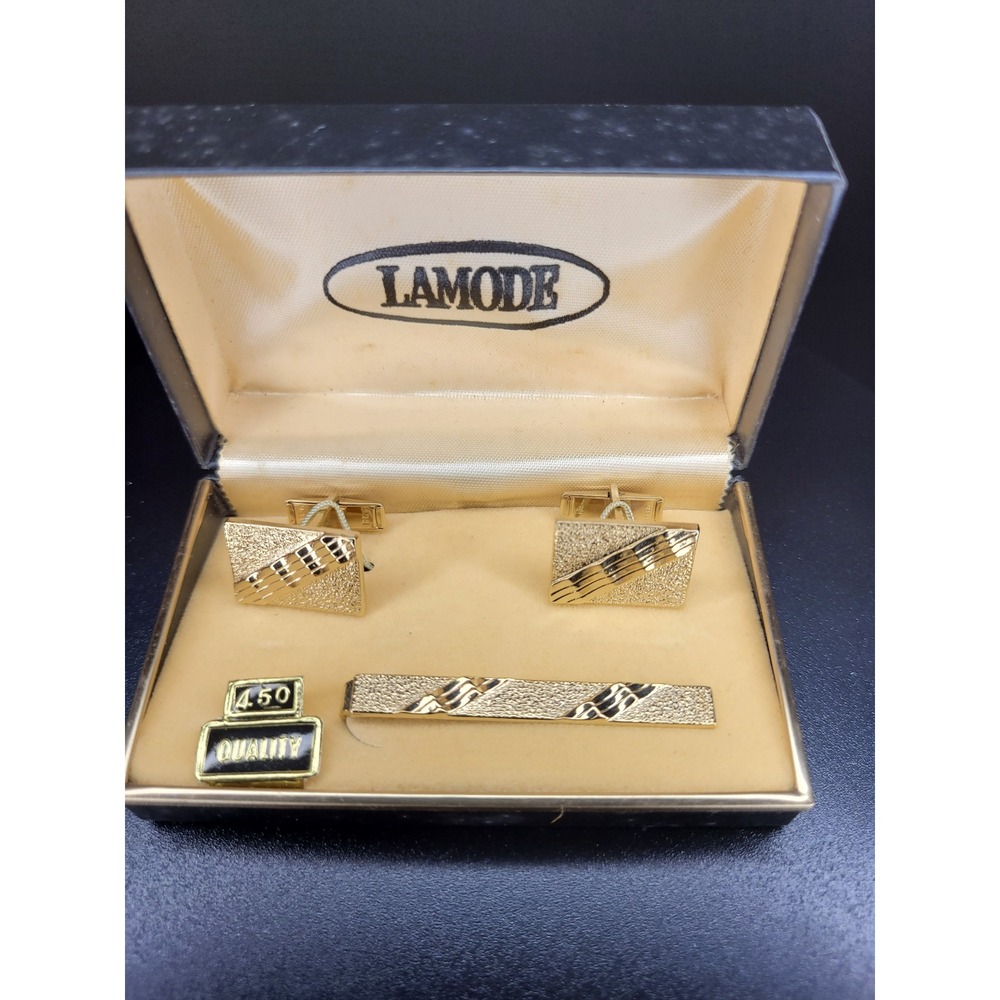 Lamode Cufflink and Tie Bar Set Gold Tone Textured Diagonal Grooves Excellent